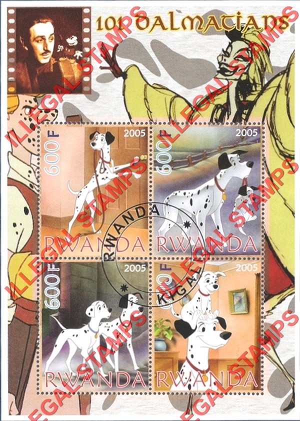 Rwanda 2005 Disney 101 Dalmatians Illegal Stamp Souvenir Sheet of 4