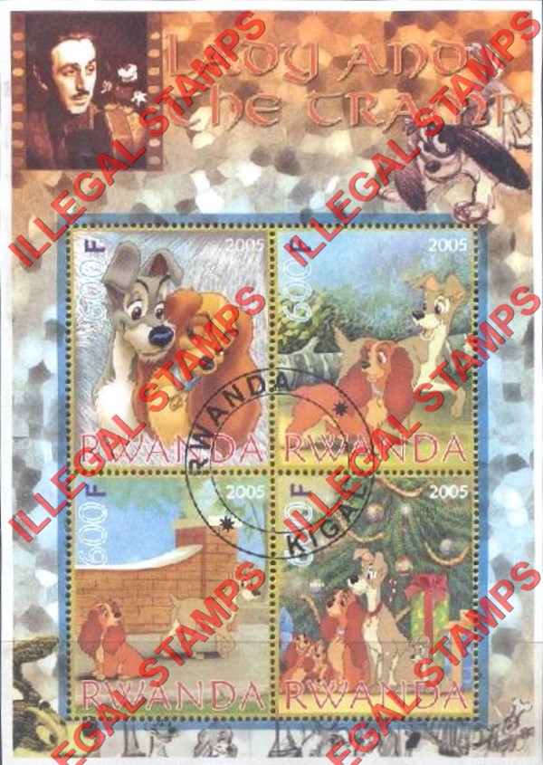 Rwanda 2005 Disney Lady and the Tramp Illegal Stamp Souvenir Sheet of 4