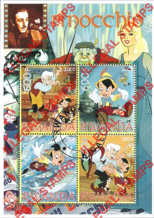 Rwanda 2005 Disney Pinocchio Illegal Stamp Souvenir Sheet of 4