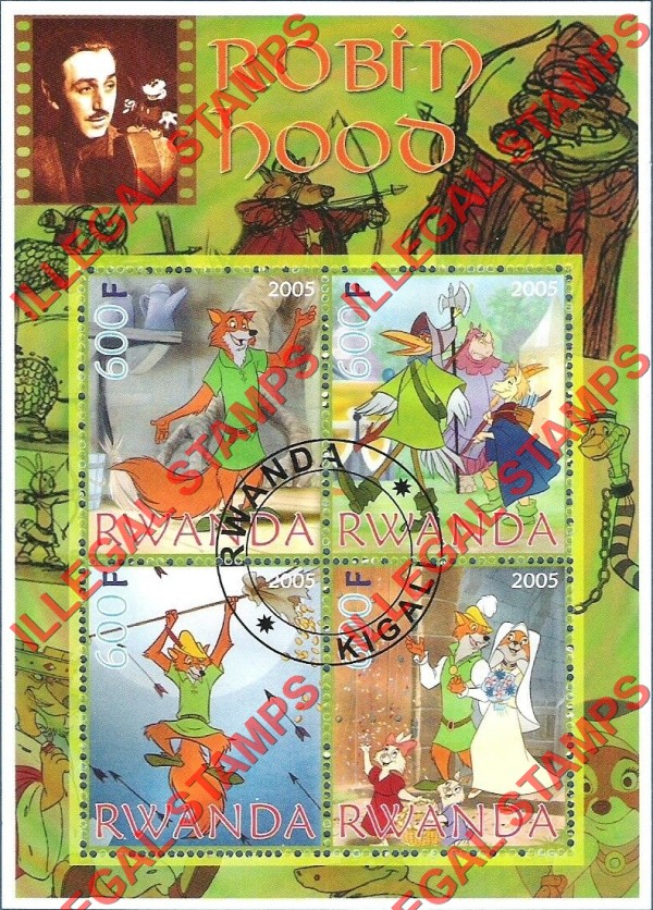Rwanda 2005 Disney Robin Hood Illegal Stamp Souvenir Sheet of 4