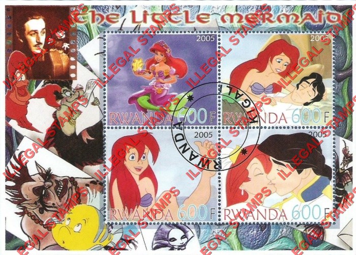 Rwanda 2005 Disney The Little Mermaid Illegal Stamp Souvenir Sheet of 4