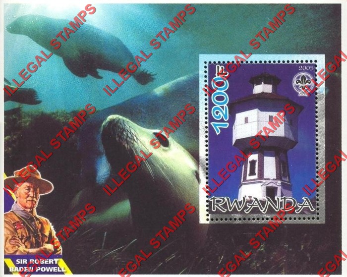 Rwanda 2005 Lighthouse Seals Scouting Logo and Baden Powell Illegal Stamp Souvenir Sheet of 1