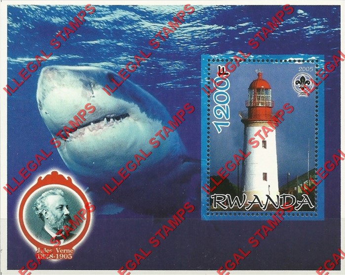 Rwanda 2005 Lighthouse Shark Scouting Logo and Jules Verne Illegal Stamp Souvenir Sheet of 1