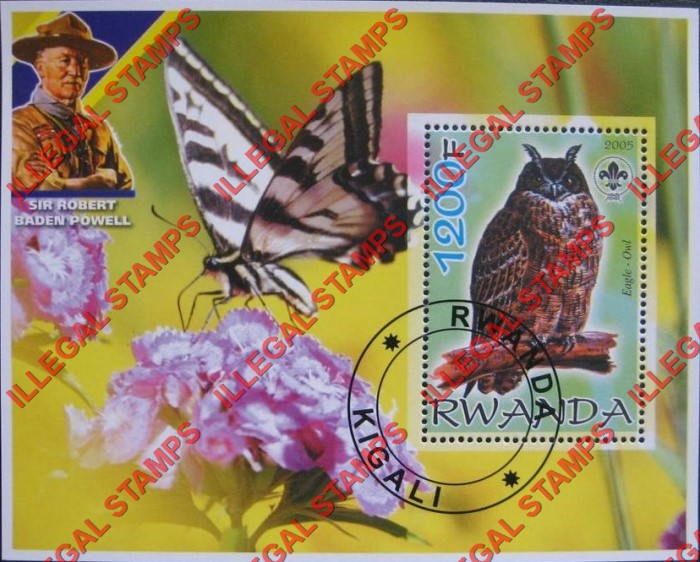 Rwanda 2005 Owl Butterfly Scouting Logo and Baden Powell Illegal Stamp Souvenir Sheet of 1