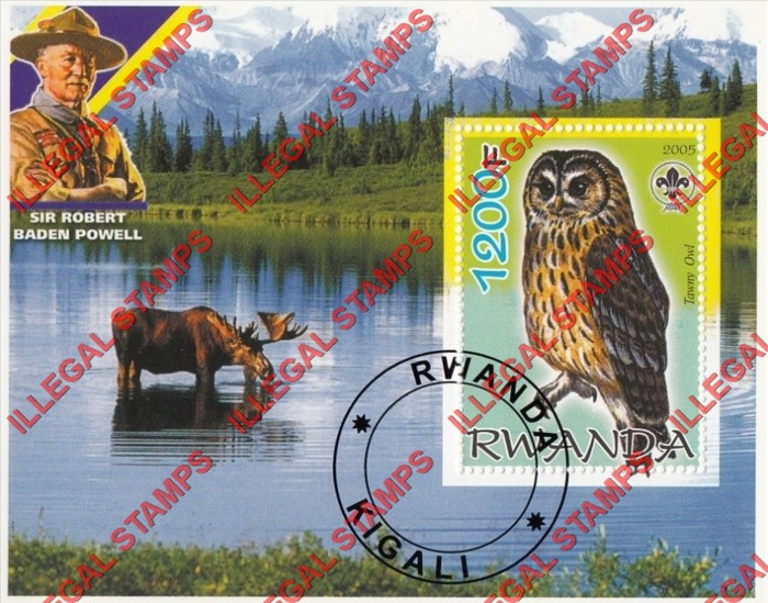 Rwanda 2005 Owl Moose Scouting Logo and Baden Powell Illegal Stamp Souvenir Sheet of 1