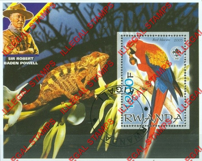 Rwanda 2005 Parrot Reptile Scouting Logo and Baden Powell Illegal Stamp Souvenir Sheet of 1