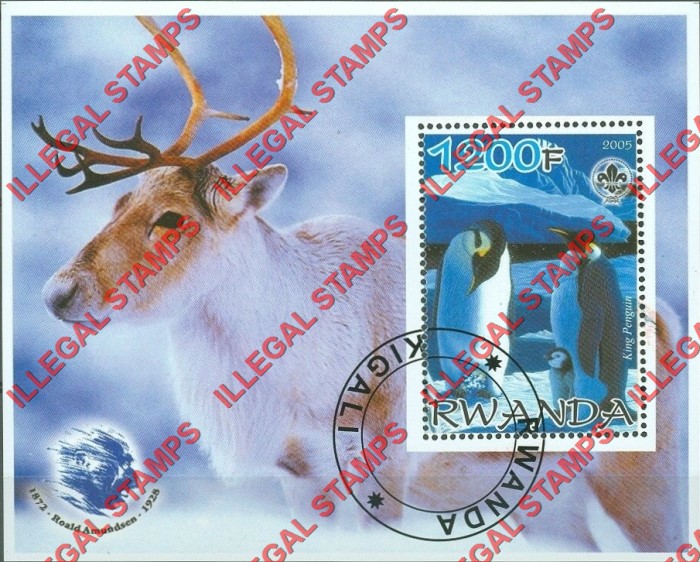Rwanda 2005 Penguins Elk Scouting Logo and Roald Amundsen Illegal Stamp Souvenir Sheet of 1