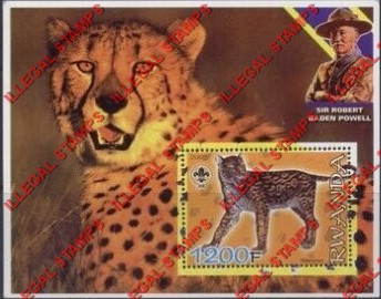 Rwanda 2005 Saber Tooth Lion Cheetah Scouting Logo and Baden Powell Illegal Stamp Souvenir Sheet of 1
