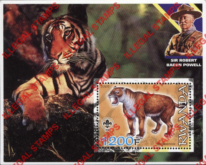 Rwanda 2005 Saber Tooth Lion Tiger Scouting Logo and Baden Powell Illegal Stamp Souvenir Sheet of 1