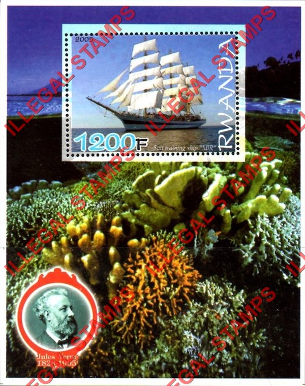 Rwanda 2005 Sailing Ship MIR Coral and Jules Verne Illegal Stamp Souvenir Sheet of 1