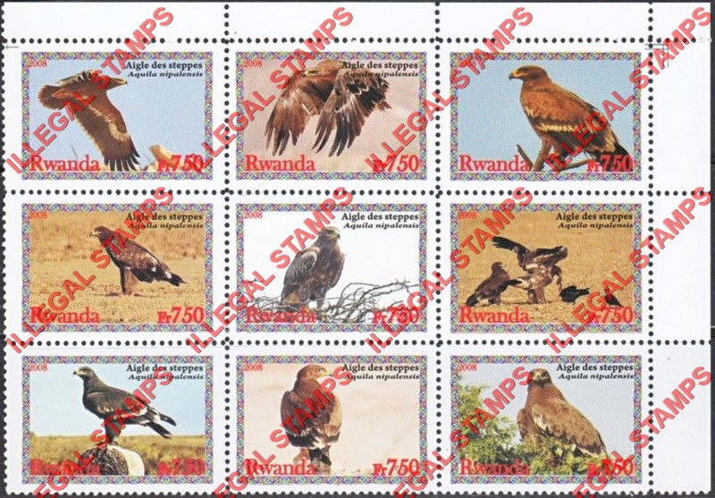 Rwanda 2008 Birds of Prey Steppe Eagle Illegal Stamp Part Sheet of 9