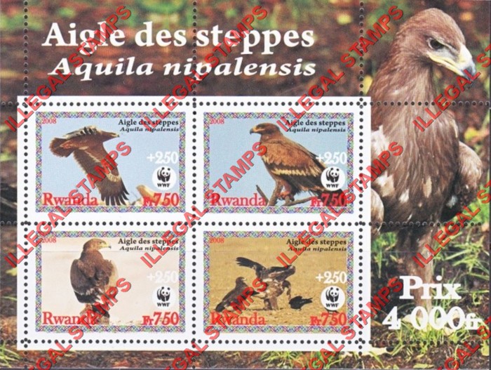 Rwanda 2008 Birds of Prey Steppe Eagle (WWF) Illegal Stamp Souvenir Sheet of 4