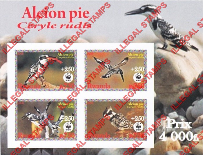 Rwanda 2008 Birds Pied Kingfisher (WWF) Illegal Stamp Souvenir Sheet of 4