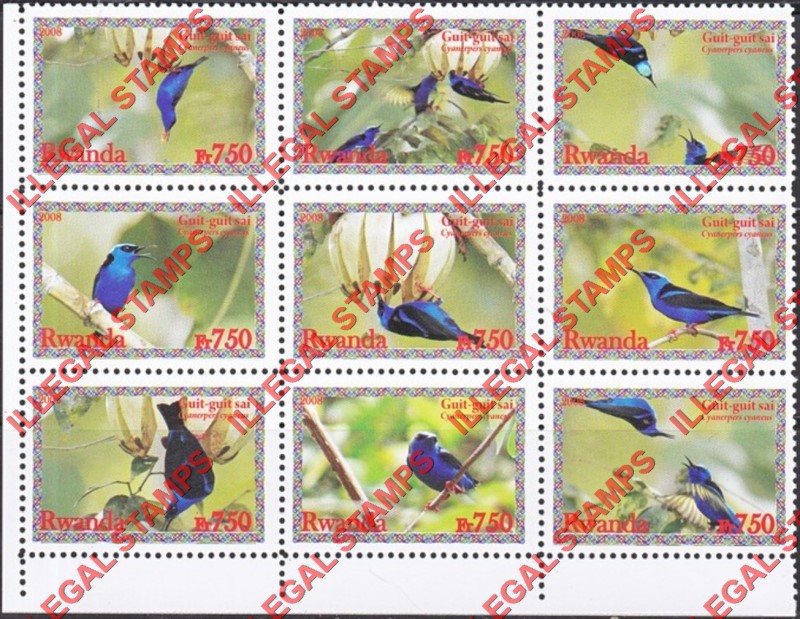 Rwanda 2008 Birds Red-legged Honeycreeper Illegal Stamp Part Sheet of 9