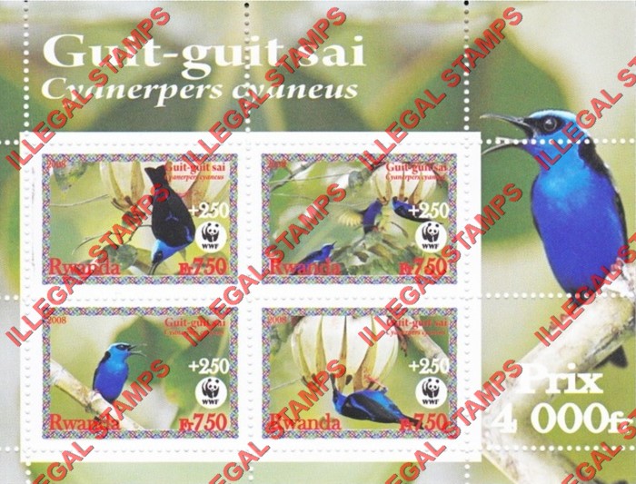 Rwanda 2008 Birds Red-legged Honeycreeper (WWF) Illegal Stamp Souvenir Sheet of 4