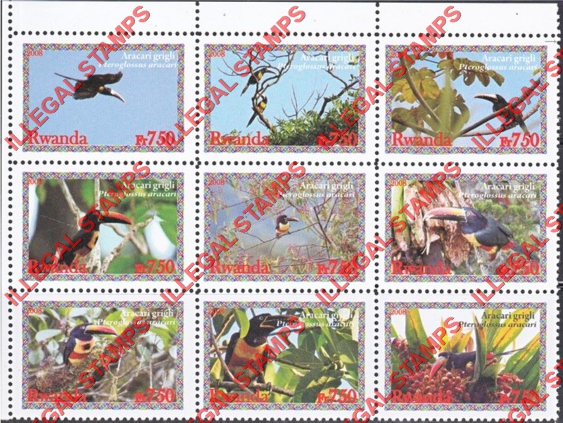 Rwanda 2008 Birds Toucan Black-necked Aracari Illegal Stamp Part Sheet of 9