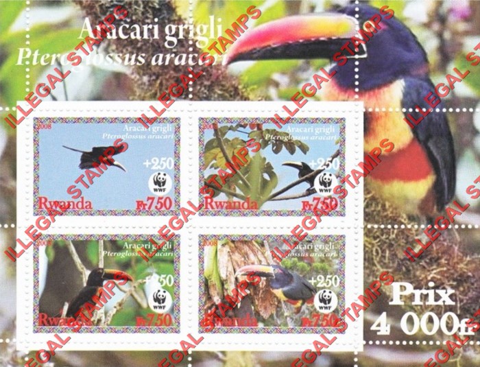Rwanda 2008 Birds Toucan Black-necked Aracari (WWF) Illegal Stamp Souvenir Sheet of 4