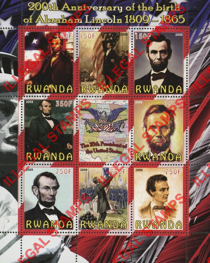 Rwanda 2009 Abraham Lincoln Illegal Stamp Sheet of 9