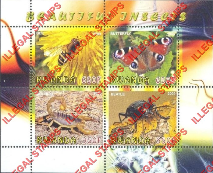 Rwanda 2009 Beautiful Insects Illegal Stamp Souvenir Sheet of 4