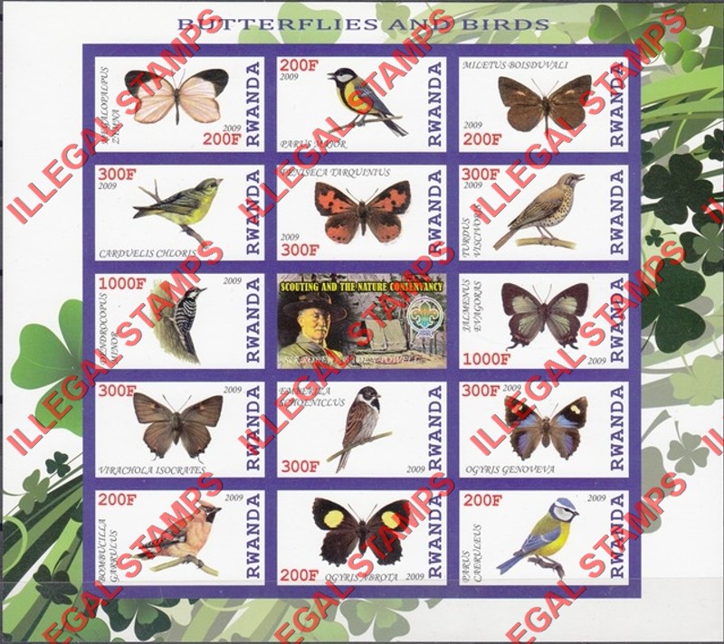 Rwanda 2009 Butterflies and Birds Scouting and the Nature Conservancy Illegal Stamp Sheet of 14 Plus Label