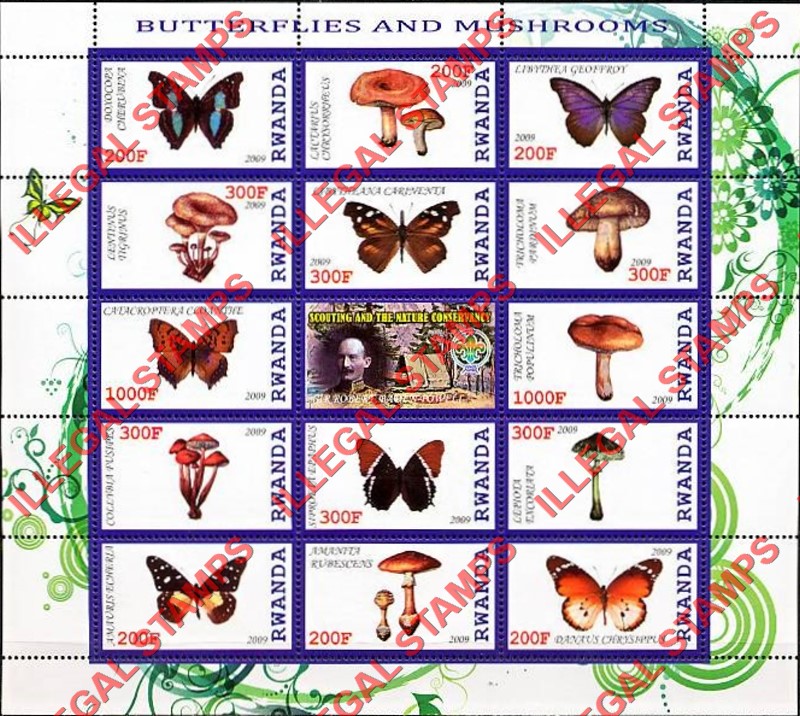 Rwanda 2009 Butterflies and Mushrooms Scouting and the Nature Conservancy Illegal Stamp Sheet of 14 Plus Label