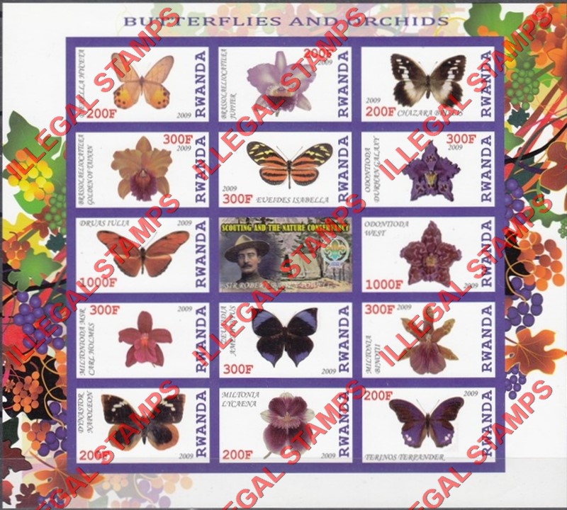 Rwanda 2009 Butterflies and Orchids Scouting and the Nature Conservancy Illegal Stamp Sheet of 14 Plus Label
