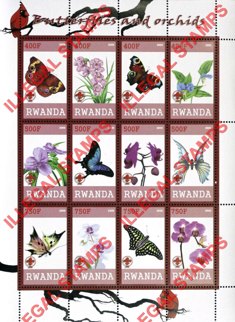 Rwanda 2009 Butterflies and Orchids Illegal Stamp Sheet of 12