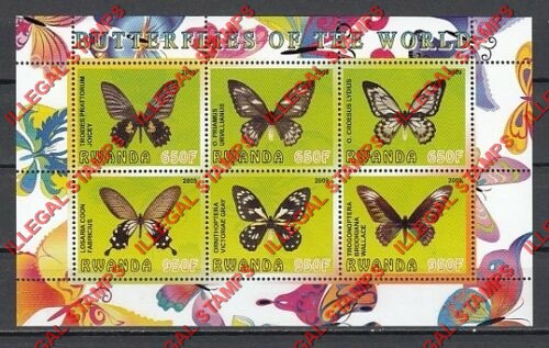 Rwanda 2009 Butterflies of the World Illegal Stamp Souvenir Sheet of 6