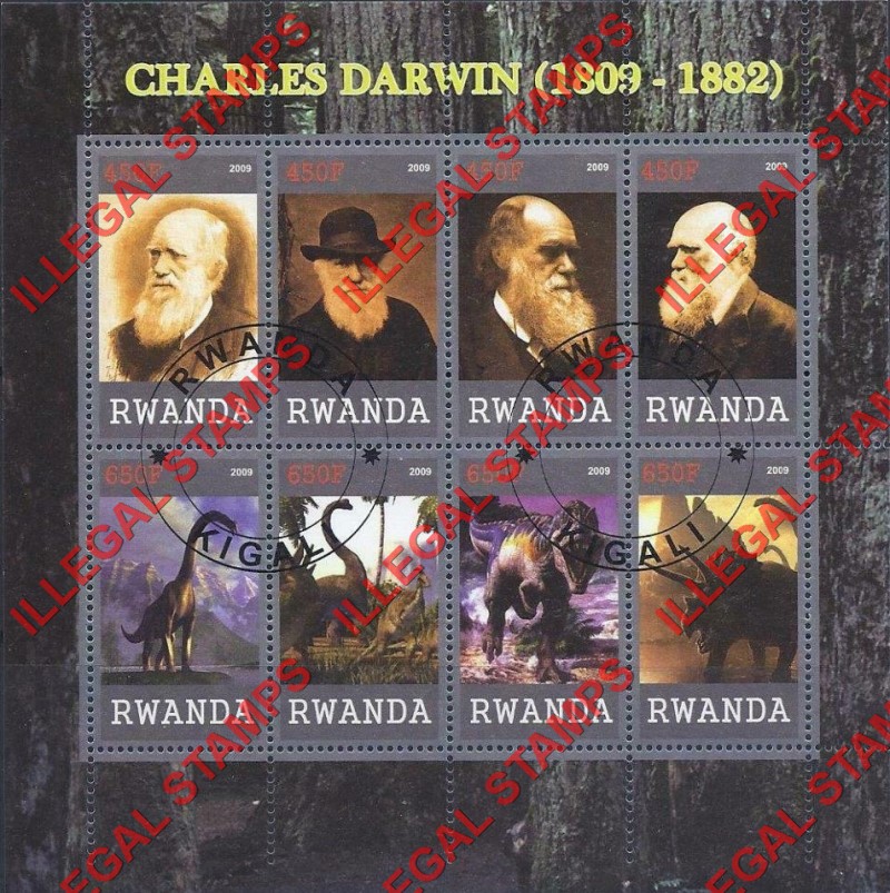 Rwanda 2009 Charles Darwin and Dinosaurs Illegal Stamp Souvenir Sheet of 8