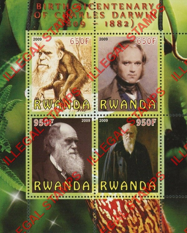 Rwanda 2009 Charles Darwin Illegal Stamp Souvenir Sheet of 4