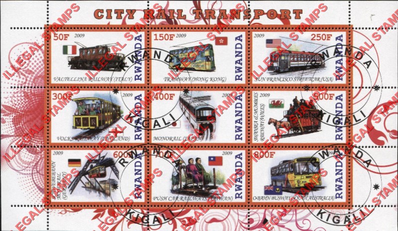 Rwanda 2009 City Rail Transport Illegal Stamp Sheet of 9