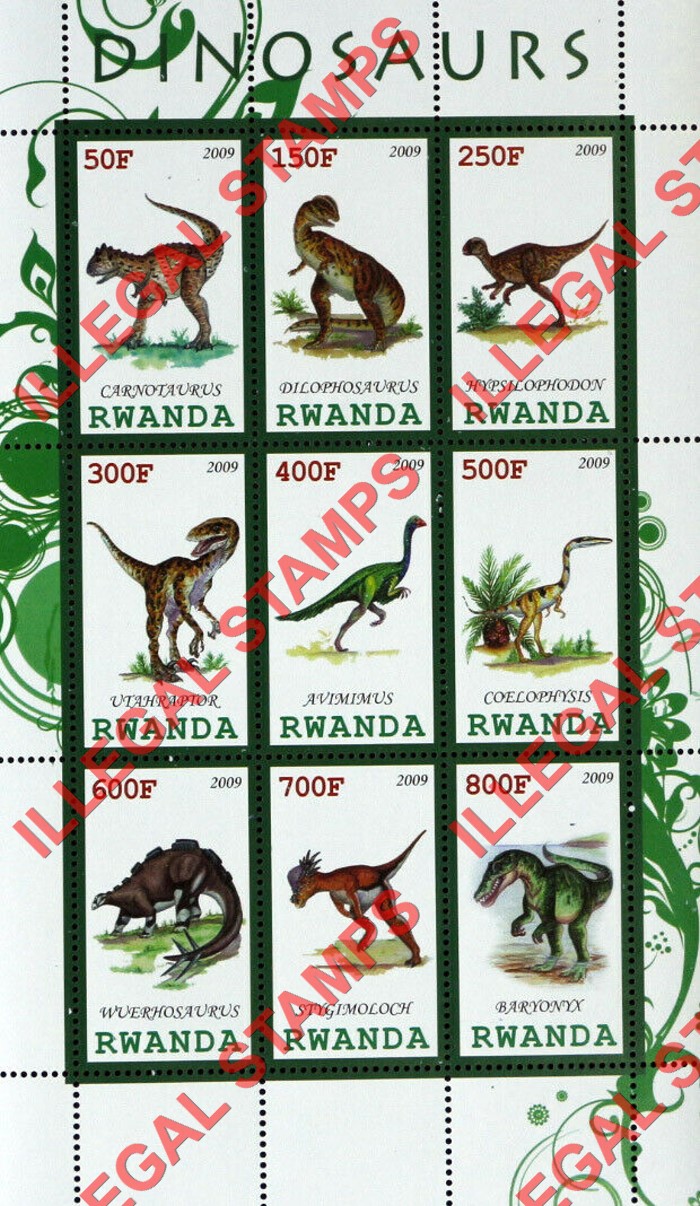 Rwanda 2009 Dinosaurs Illegal Stamp Sheets of 9 (Part 1)