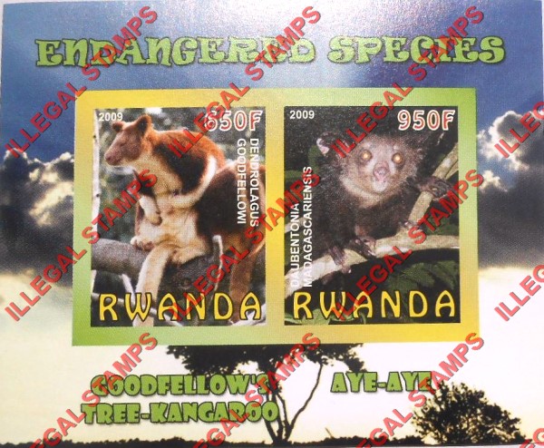 Rwanda 2009 Endangered Species Goodfellow's Tree-kangaroo and Aye-aye Illegal Stamp Souvenir Sheet of 2