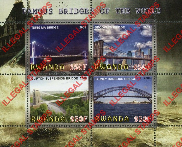 Rwanda 2009 Famous Bridges of the World Illegal Stamp Souvenir Sheet of 4