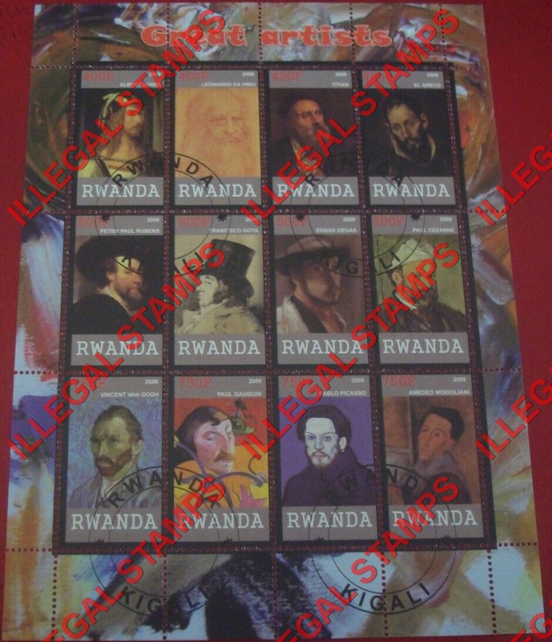 Rwanda 2009 Great Artists Illegal Stamp Sheet of 12