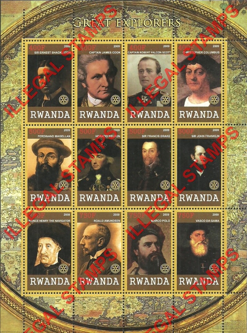 Rwanda 2009 Great Explorers Illegal Stamp Sheet of 12