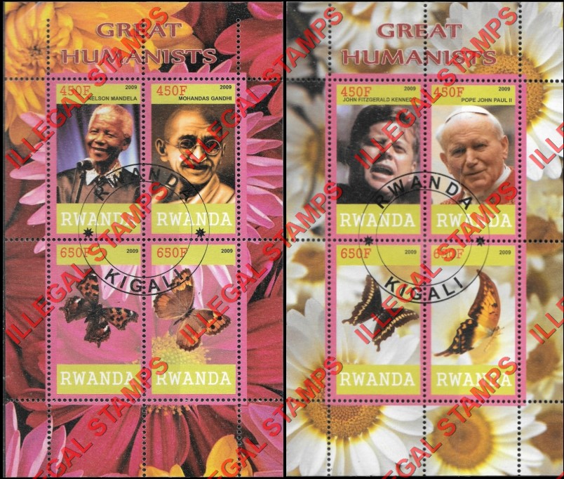 Rwanda 2009 Great Humanists and Butterflies Illegal Stamp Souvenir Sheets of 4