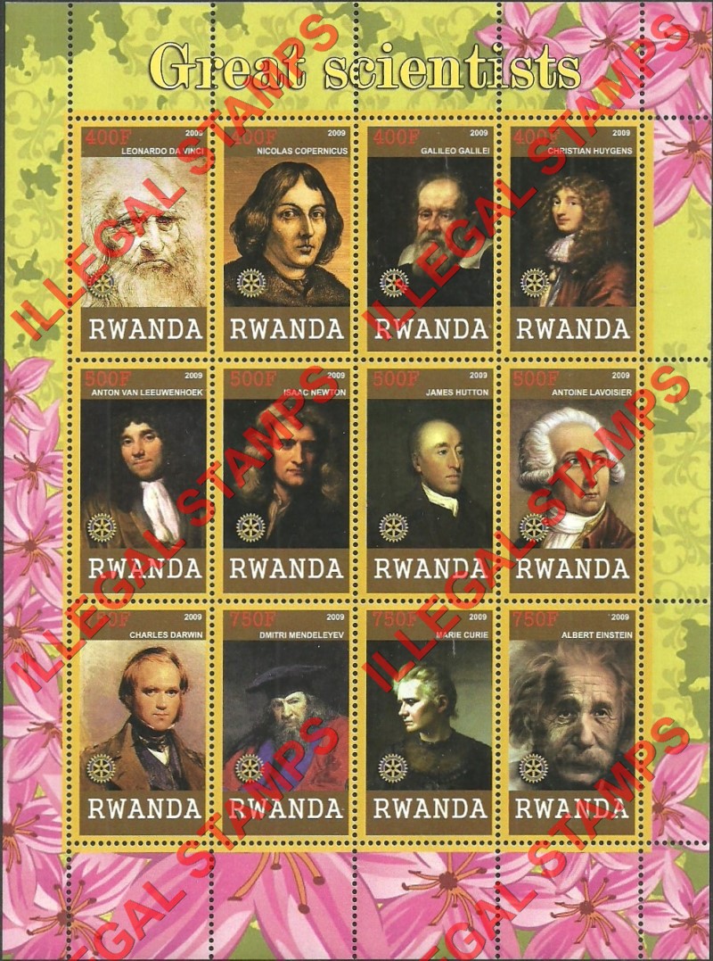 Rwanda 2009 Great Scientists Illegal Stamp Sheet of 12