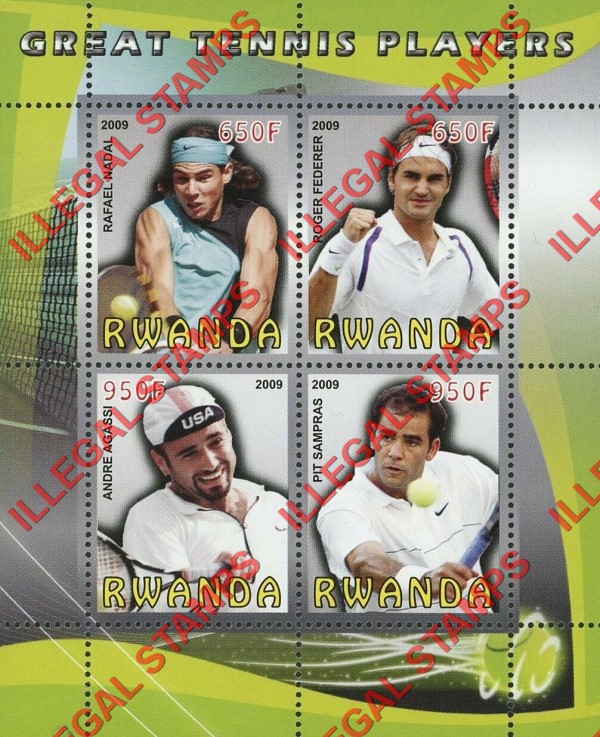 Rwanda 2009 Great Tennis Players Illegal Stamp Souvenir Sheet of 4