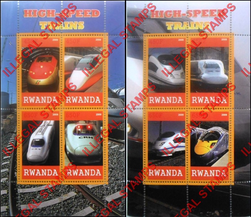 Rwanda 2009 High Speed Trains Illegal Stamp Souvenir Sheets of 4