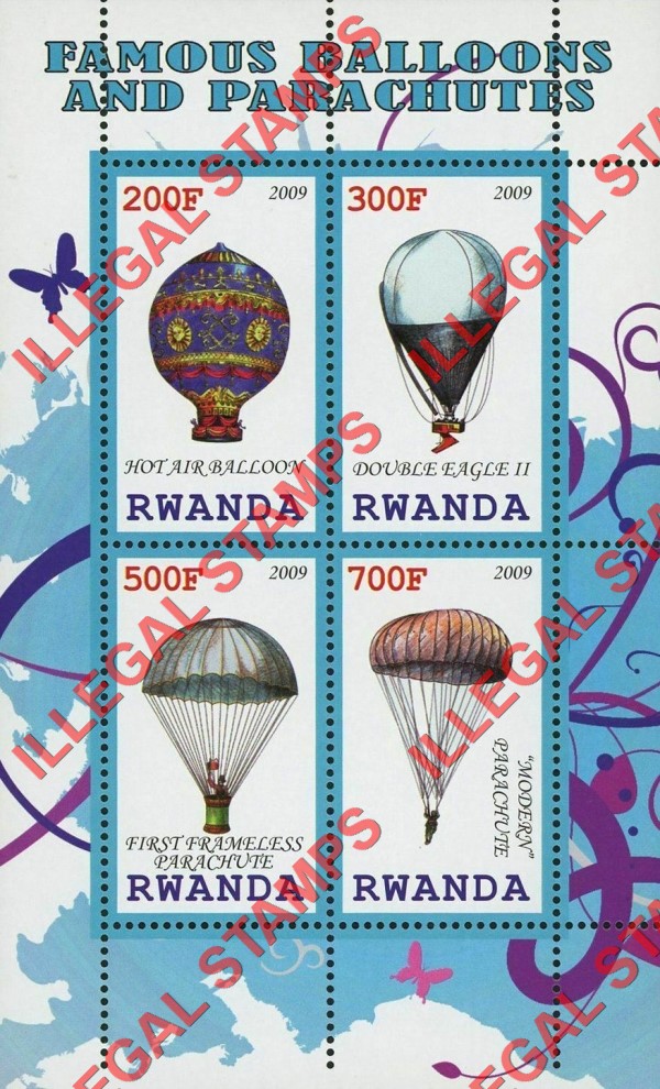 Rwanda 2009 Hot Air Balloons and Parachutes Illegal Stamp Souvenir Sheet of 4