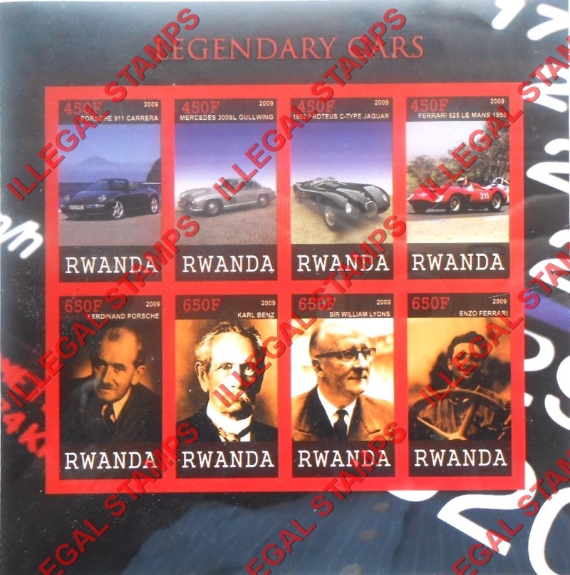Rwanda 2009 Legendary Cars Illegal Stamp Sheet of 8