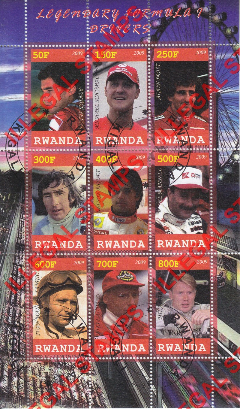 Rwanda 2009 Legendary Formula I Drivers Illegal Stamp Sheet of 9