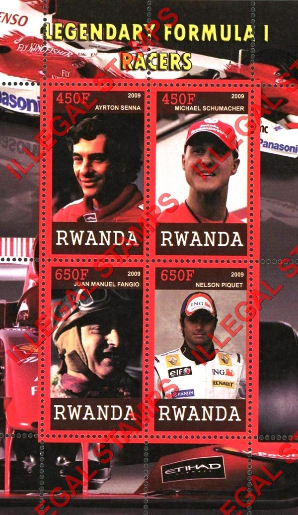 Rwanda 2009 Legendary Formula I Drivers Illegal Stamp Souvenir Sheet of 4