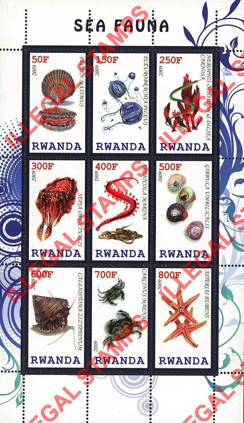 Rwanda 2009 Marine Life Sea Fauna Illegal Stamp Sheet of 9