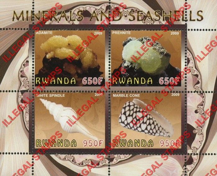 Rwanda 2009 Minerals and Seashells Illegal Stamp Souvenir Sheet of 4