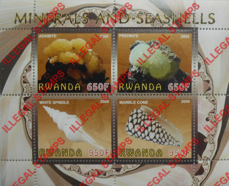 Rwanda 2009 Minerals and Sea Shells Illegal Stamp Souvenir Sheet of Four