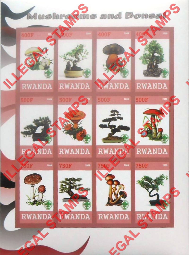 Rwanda 2009 Mushrooms and Bonsai Trees Illegal Stamp Sheet of 12