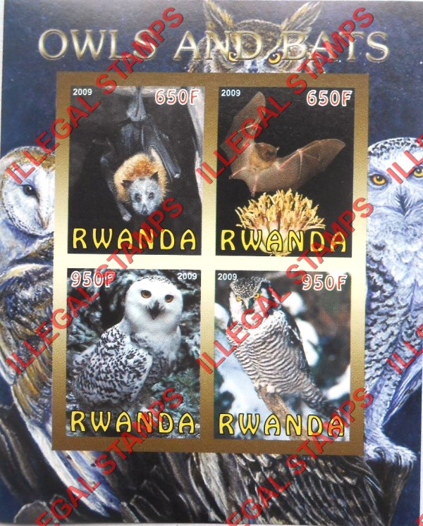 Rwanda 2009 Owls and Bats Illegal Stamp Souvenir Sheet of 4