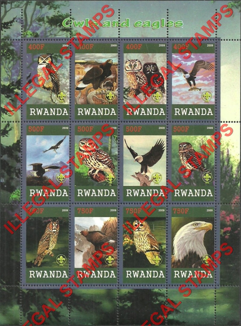 Rwanda 2009 Owls and Eagles Illegal Stamp Sheet of 12